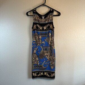 CACHE Dress Size 2/XS Stretch Gold Blue Chain Cheetah Greek Key Casual